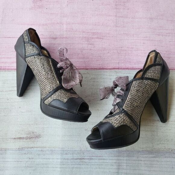 Poetic License Black/Gray Tweed Peep Toe Pin Up Retro Lace Up Heels 7.5 - Picture 1 of 7